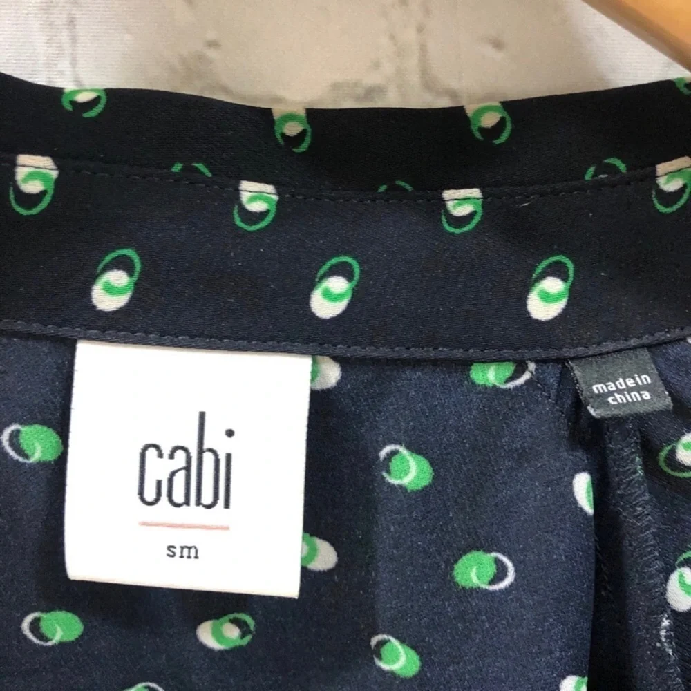 CAbi Martini Top Blouse Style #5019 Size Small Blue Green Button Front Polka Dot